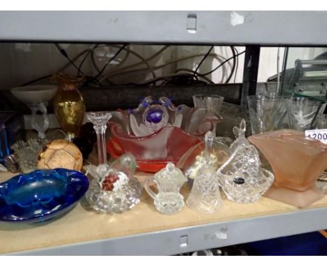 Shelf of mixed glass including coloured examples. Not available for in-house P&amp;P 
