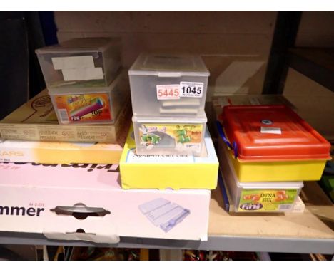 Crafting tools and accessories including a Dahle 3in1 trimmer, Fisarks shape box and wood mounted rubber stamps. Not availabl