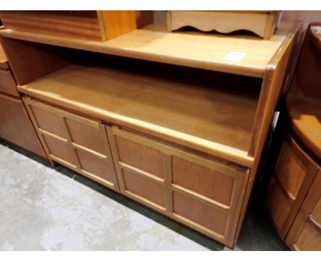 Nathan teak sideboard with shelf over two cupboards, 102 x 74 cm H. Minor scuffs and scratches, no major issues. Not availabl