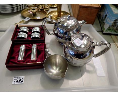 Three piece Old Hall stainless steel tea service with a boxed set of four silver plated napkin rings and silver plated salt a