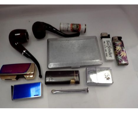 Box of mixed smoking ephemera, including lighters, pipes, pipe cleaner and cigarette case. UK P&amp;P Group 1 (£16+VAT for th