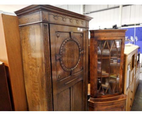 Early 20th century oak hall robe, single door with hanging space and interior shelf, 80 x 195cm. Not available for in-house P
