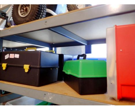 Group of six plastic tool boxes some with crafting accessories within. Not available for in-house P&amp;P 