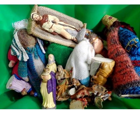 Tub containing hand knitted and ceramic nativity scene figures. Not available for in-house P&amp;P 