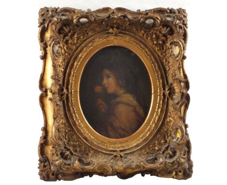 An unsigned oil on paper laid to canvas, portrait of a young lady, in an ornate gilt frame bearing the name George Baxter.  T