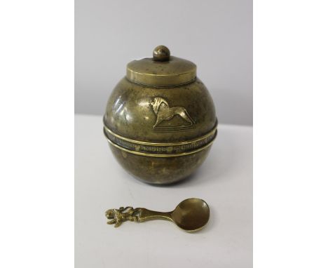 A Ringtons brass tea caddy &amp; spoon from the 1924 British Empire exhibition 
