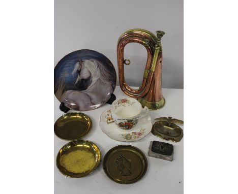 A job lot of collectables including a copper &amp; brass bugle etc 