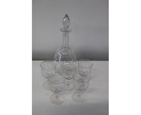 A vintage quality etched glass decanter &amp; five glasses 