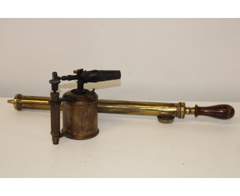 A vintage brass blow lamp &amp; garden sprayer 