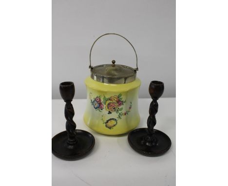 A vintage ceramic biscuit barrel &amp; pair of barley twist wooden candlesticks 