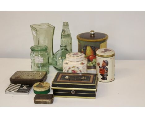 A job lot of vintage tins &amp; glass ware etc 