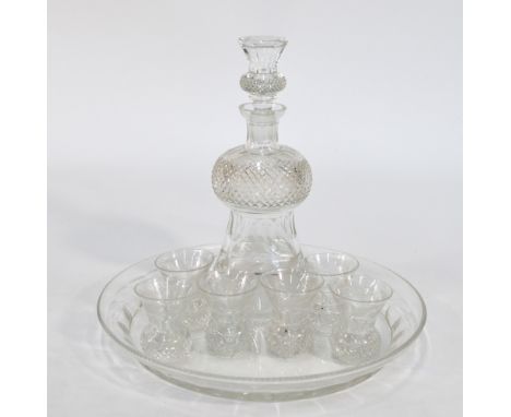 A glass liqueur decanter in the form of a thistle etched with thistles and leaves to/w six matching liqueur glasses and a cir