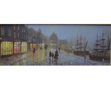 John Bampfield (b 1947) - Historical Victorian view of Poole Harbour by lamp light, oil on canvas, signed lower left, 44 x 12