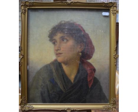 Continental school - Portrait of a young lady with red scarf in her hair, oil on board, 34 x 29 cm Condition Report framed un