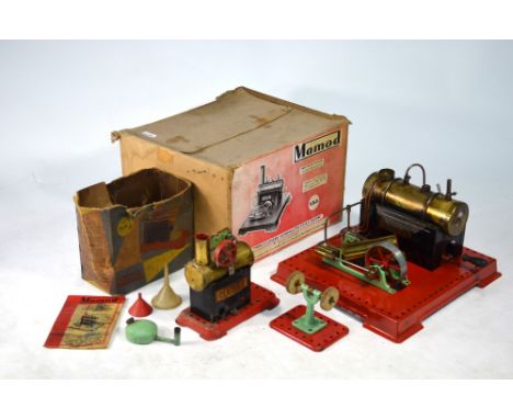 A boxed Mamod SE3 Twin Cylinder Superheated Static Steam Engine, to/w a boxed MM1 small static engine with buffer-wheel attac