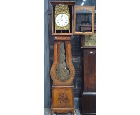 An antique French scumbled pine longcase clock with associated movement, the white enamelled dial signed Jacques Alman, as fo