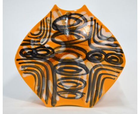 A Poole Pottery Delphis vase, ochre ground painted with an abstract black and white pattern by Geraldine O'Meara, shape 90, m