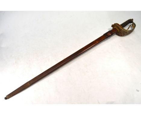 An antique Highland Light Infantry officer's pattern sword, 82 cm etched blade, chromium-plated basket hilt with braided red 