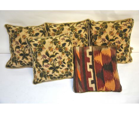 Four matching wool tapestry cushions with floral and foliate design, to/w a kelim cushion (5)
