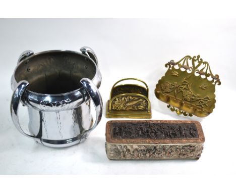 An Art Nouveau electroplated cache-pot with four whiplash handles and stylised floral embossing, stamped WS & S E, 22 cm high