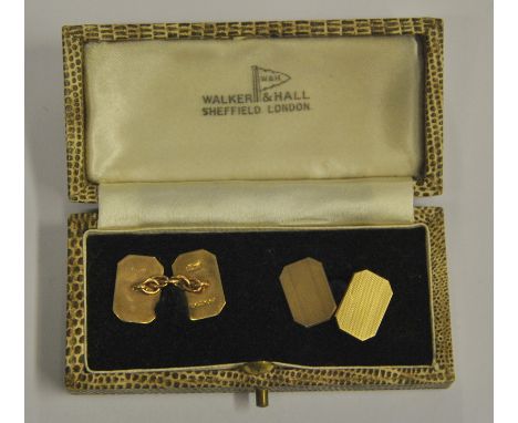A pair of rectangular engine turned cufflinks, 9ct in case retailed by Walker & Hall 