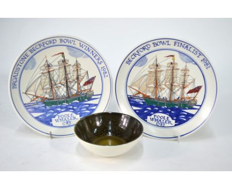 Two Poole Pottery plates decorated with Poole Whaler ships, drawn by Arthur Bradbury and painted by Patricia Summers, inscrib