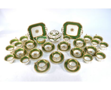 A Victorian green and gilt tea and coffee service, patt. 603, probably Ridgway, comprising:  Two square cake plates, milk jug