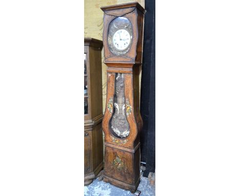 A 19th century French longcase clock, the polychrome decorated pine case with two train 8-day movement, the white enamelled d