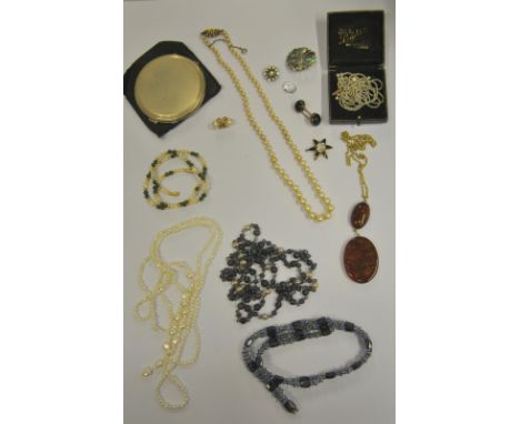 Various costume jewellery including necklaces, bangle, freshwater pearls, brooches etc to/w silver engine turned powder compa