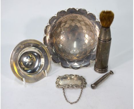 An Edwardian silver travelling shaving brush in cylindrical case, London 1902, to/w a Samson Mordan & Co. bullet-shaped prope