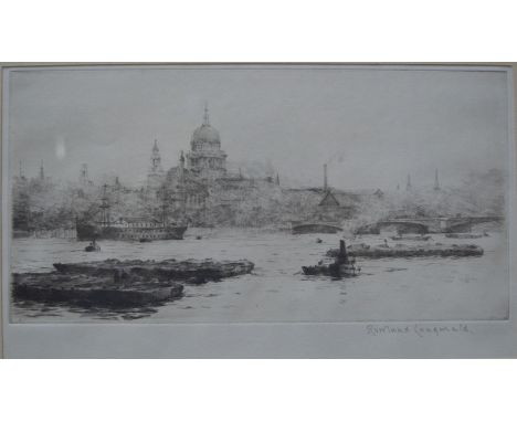 Rowland Langmaid (1897-1956) - 'London - St Pauls from the South Side (HMS President & Blackfriars Bridge), drypoint etching,
