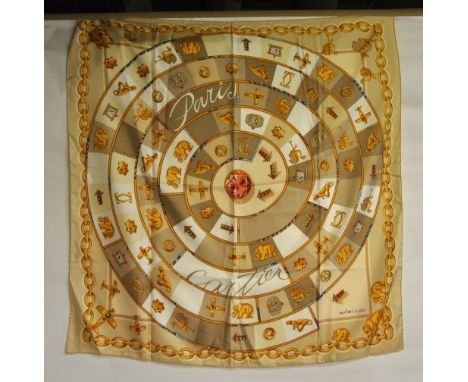 A 1980s Must de Cartier, Paris silk scarf inspired by the sale of The Duchess of Windsor jewels, beige/ivory ground with jewe