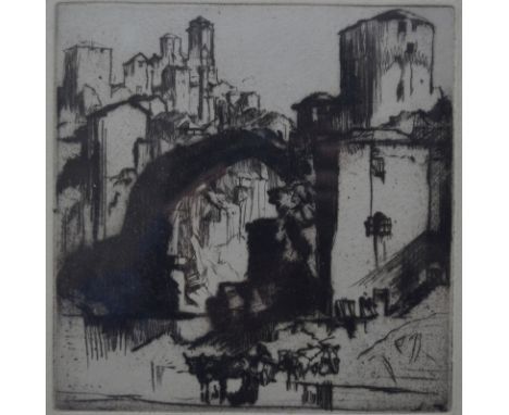 After Frank Brangwyn (1867-1956) - Bridge at Mostar, dry point etching, pencil signed to lower right, 15 x 15 cm