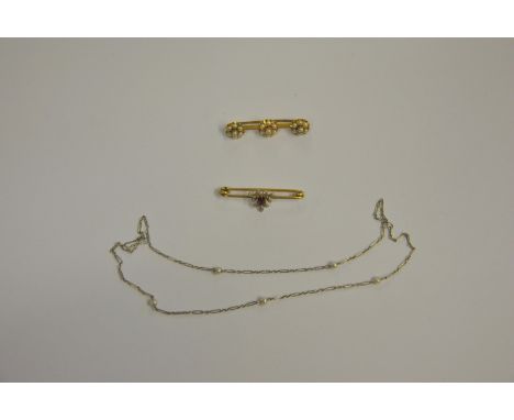 Lot containing two bar brooches, one set half pearls, one set small ruby (possibly synthetic) and diamond to/w platinum neckl