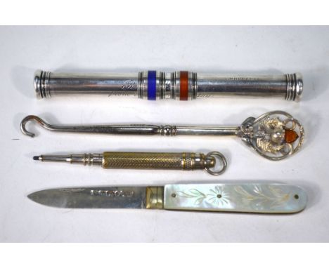 A Samson Mordan & Co double-ended propelling pencil with colour-coded enamel bands, engraved ' R. R. Potter from Madame Patey