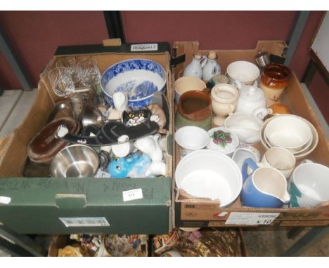 2 boxes inc ceramic cats, milk jugs, bottles etc