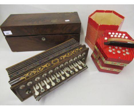 19th Century Continental rosewood rectangular accordion with mother of pearl buttons inscribed Prowse, in a mahogany box and 