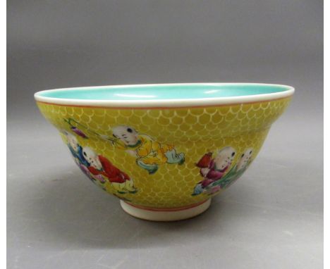 20th Century Chinese flared rim bowl, decorated with children on a yellow fish scale ground, signed with blue seal mark to ba