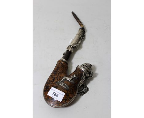 19th Century silver mounted burr wood pipe, with raised dog and bull's head motifsGood overall condition.Wooden bowl section 