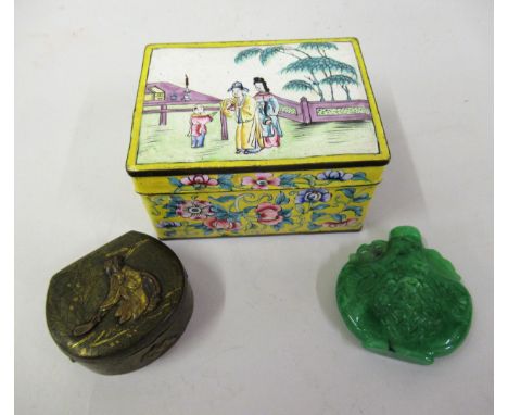Modern green jade snuff bottle, 2ins high together with a Japanese gilt metal box and a Canton enamel rectangular box, 3.5ins