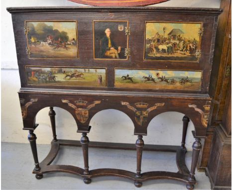 Unusual antique painted cabinet on stand, the upper section with three panel doors and two drawers decorated with 18th Centur