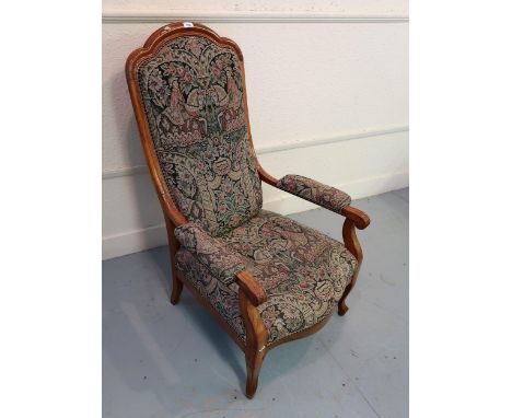 19th Century Continental walnut open arm drawing room chair with tapestry style upholstery, together with a Victorian carved 
