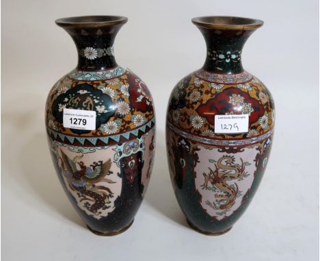 Pair of late 19th Century Japanese cloisonne baluster form vases decorated with panels of dragons on a green and gold fleck g