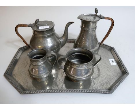 Unity Pewter four piece tea service on an octagonal tray 