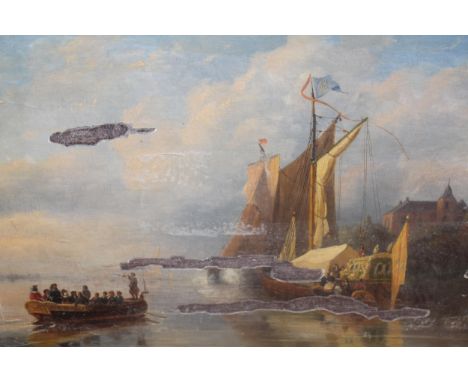 19th Century oil on panel, river landscape with processional boats, signed indistinctly (for restoration), 13ins x 18.5ins, g