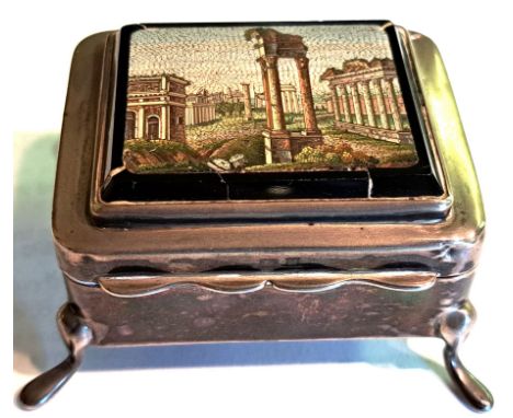 Early 20th Century miniature silver trinket box, the hinged cover inset with a pietra dura panel depicting the Roman Forum, h