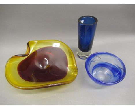 Kosta Boda glass bowl, an Art glass cylindrical vase and a Murano glass bowl 