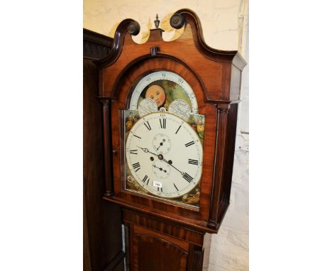 19th Century mahogany crossbanded and inlaid longcase clock, the broken arch hood with a swan neck pediment and flanking reed