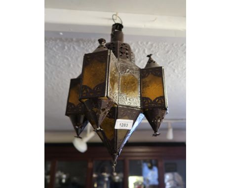 North African style patinated metal and glass hanging lamp, 15.5ins high 
