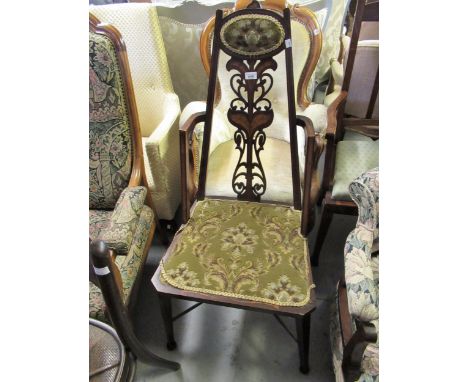 Edwardian mahogany satinwood crossbanded and marquetry inlaid drawing room armchair of Art Nouveau design, the pierced splat 